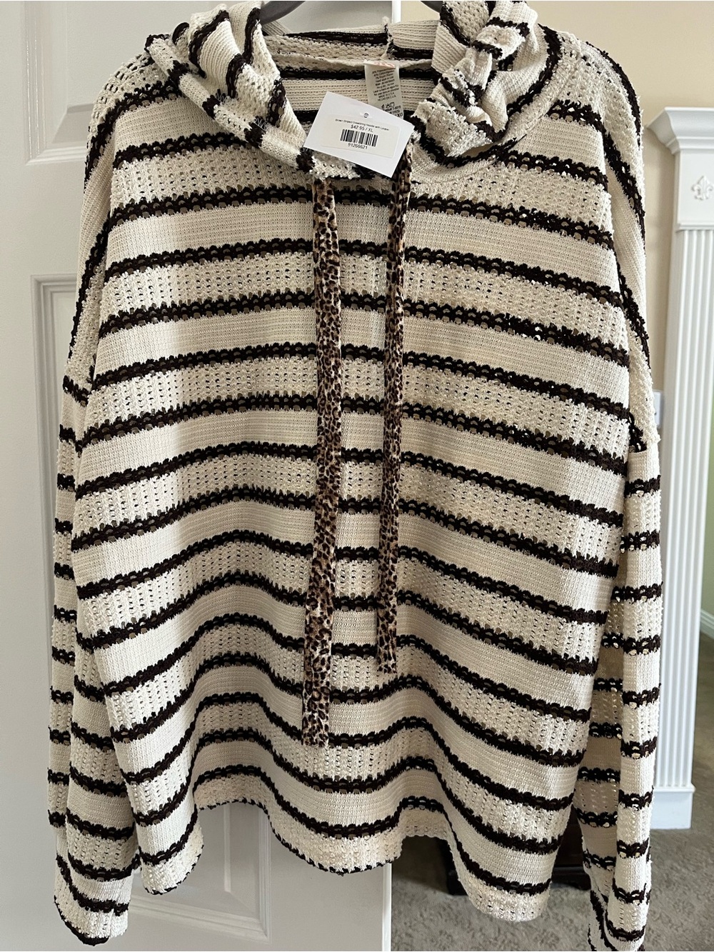 7th Ray Cream and Brown Striped Hooded Sweater with Leopard Drawstrings